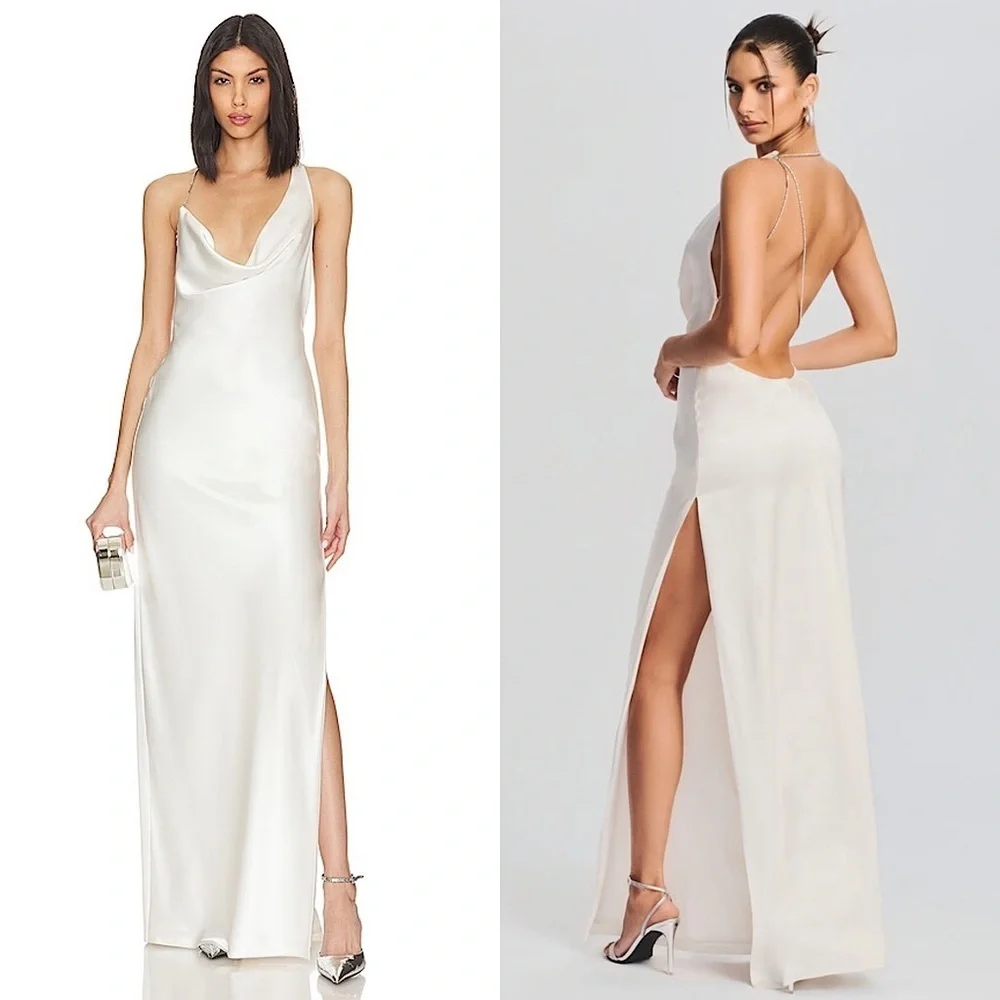 NWT RETROFETE Satin Asymmetric Crystal Chain Strap Draped Neck Open Back Gown S - Picture 1 of 13